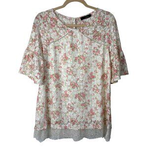 Suzanne Betro L Floral Lace Blouse With Beaded Accent Short Flutter Sleeves Top
